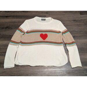 Wooden Ships Paola Buendia Cream Heart Stripe Knit Sweater Pullover Size S/M